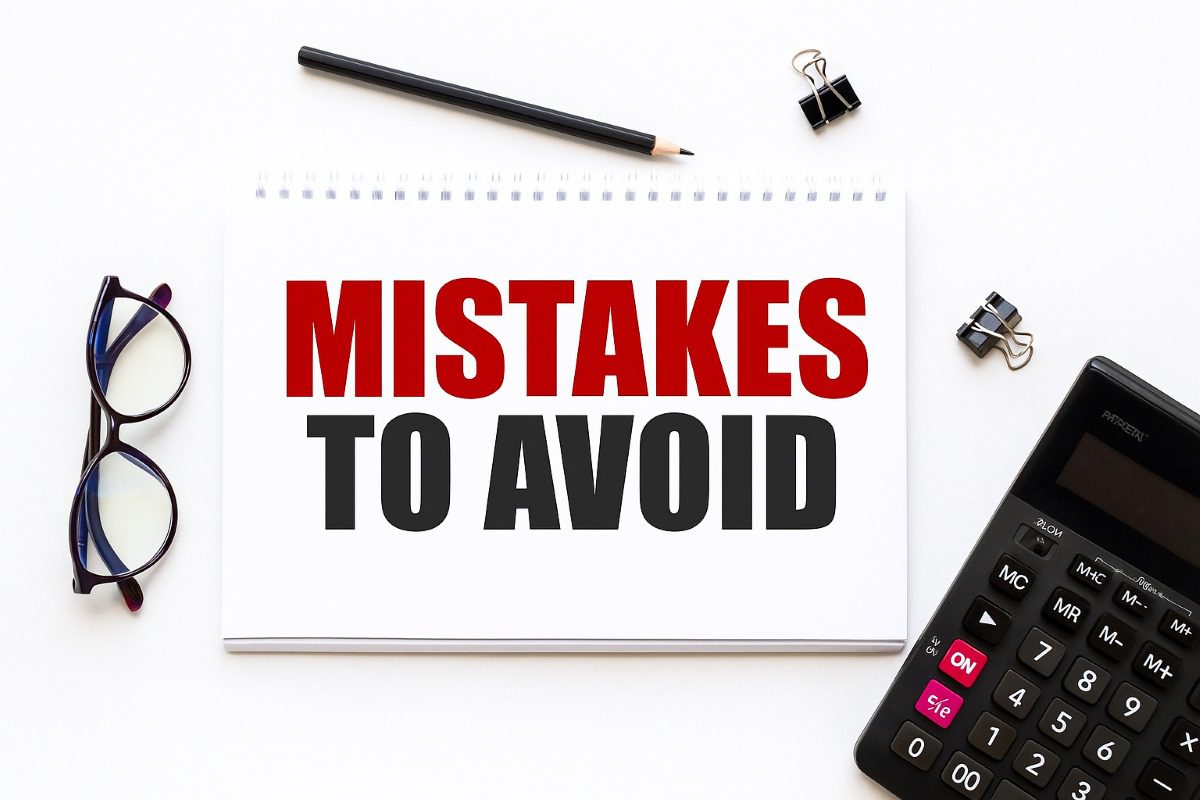 Business concept notebook with text mistakes to avoid sheet of white paper