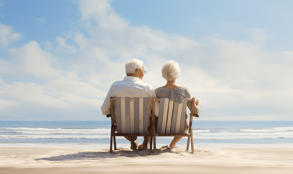 Old couple sitting in front of the sea